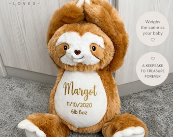 Personalised Birth Weight Sloth Teddy | Weighted to Baby's Exact Weight, Keepsake