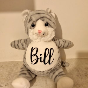 May include: A gray and white striped plush toy cat with a white circle on its chest that says "Bill".