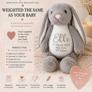 May include: A grey plush rabbit toy with long ears and a pink nose. The rabbit features embroidered text on its white belly reading Elle, 1st March 2024, 6lb 15oz, 07:52am. The image includes text about weighted keepsakes and memorial gifts.