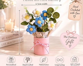 Personalised Crochet Flower Bouquet. Custom Handcrafted Yarn Flowers, Gift for Mum, Birthday, Anniversary Keepsake