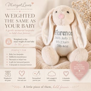 May include: A beige plush rabbit with long ears and a pink nose. The rabbit's white belly features the name Florence, the date 24th July 22, the time 05:23am, and the weight 7lb 4oz. Text on the image includes Margot Loves and Weighted the same as your baby.