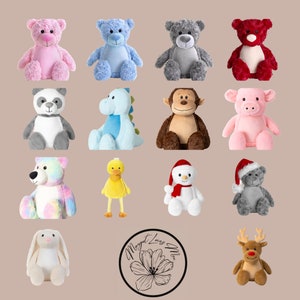 May include: A collection of 14 plush toys, including a panda, a dinosaur, a monkey, a snowman, a reindeer, a chick, and various teddy bears. The toys are all sitting on a light brown background. The text "Margot Loves Me" is visible in the center of the image.