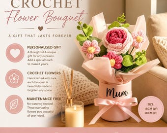 Personalised Crochet Flower Bouquet. Custom Handcrafted Yarn Flowers, Gift for Mum, Birthday, Anniversary Keepsake