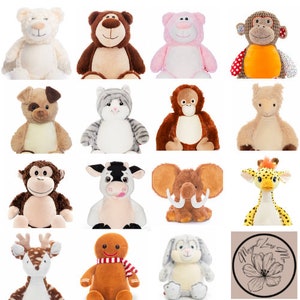 May include: A selection of soft toy animals, including a bear, monkey, dog, cat, elephant, giraffe, and reindeer. Each plush toy has embroidered details and soft fur in various colours. The toys are designed for children.