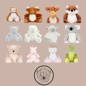May include: A collection of 12 plush stuffed animals in various animal shapes, including a sloth, cow, giraffe, fox, bear, angel, lamb, koala, teddy bear, unicorn, owl, and dinosaur. The plush toys are all sitting upright and have a blank space on their chests for personalisation.