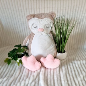 May include: A plush owl toy with brown and white fur, closed eyes, and pink feet. The owl is sitting on a white fluffy surface with two green plants in pots.