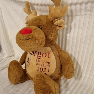 May include: A brown plush reindeer with a red nose and antlers. The reindeer has a personalized tag that says "Margot 4 pounds 15th Aug 04 43am 2021".