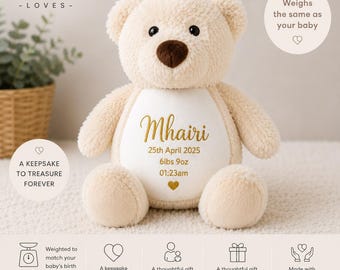 Personalised Birth Weight Bear | Weighted to Baby's Exact Weight, Keepsake Gift