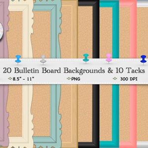 May include: Twenty digital bulletin board backgrounds in various colors and frames, including purple, white, blue, gold, black, teal, pink, and white. The backgrounds are 8.5 inches by 11 inches and 300 DPI. Ten digital tacks are also included.