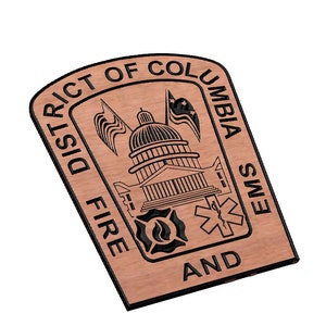 May include: A brown wooden patch with the text "DISTRICT OF COLUMBIA FIRE AND EMS" in black lettering. The patch features a black and white illustration of the Capitol Building with two American flags.