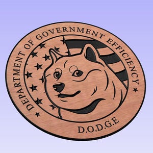 May include: A round wooden coaster with a black and white image of a Shiba Inu dog. The text "Department of Government Efficiency" and "D.O.D.G.E." are printed on the coaster.