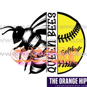 May include: Black and yellow softball design with a bee and the text "Queen Bees" on a white background.
