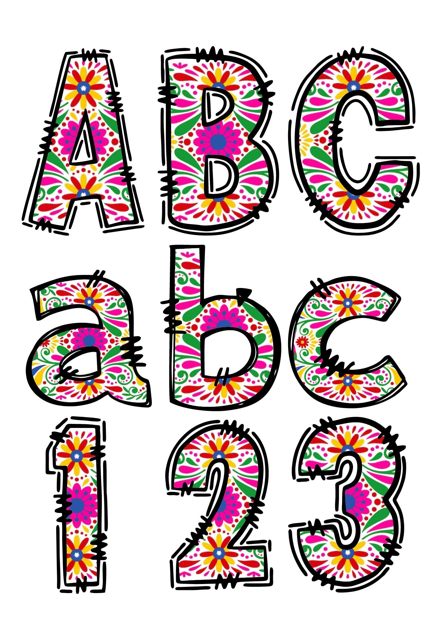 Doodle Letters - Alpha Plus Numbers Floral Mexican Ver 4 PNG ONLY - Etsy