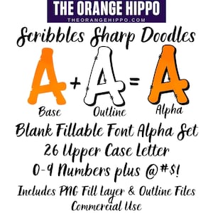 May include: An image featuring the logo "THE ORANGE HIPPO" with an orange hippo illustration. Below, the text "Scribbles Sharp Doodles" is displayed, along with a demonstration of a font alpha set, including letters, numbers, and symbols.