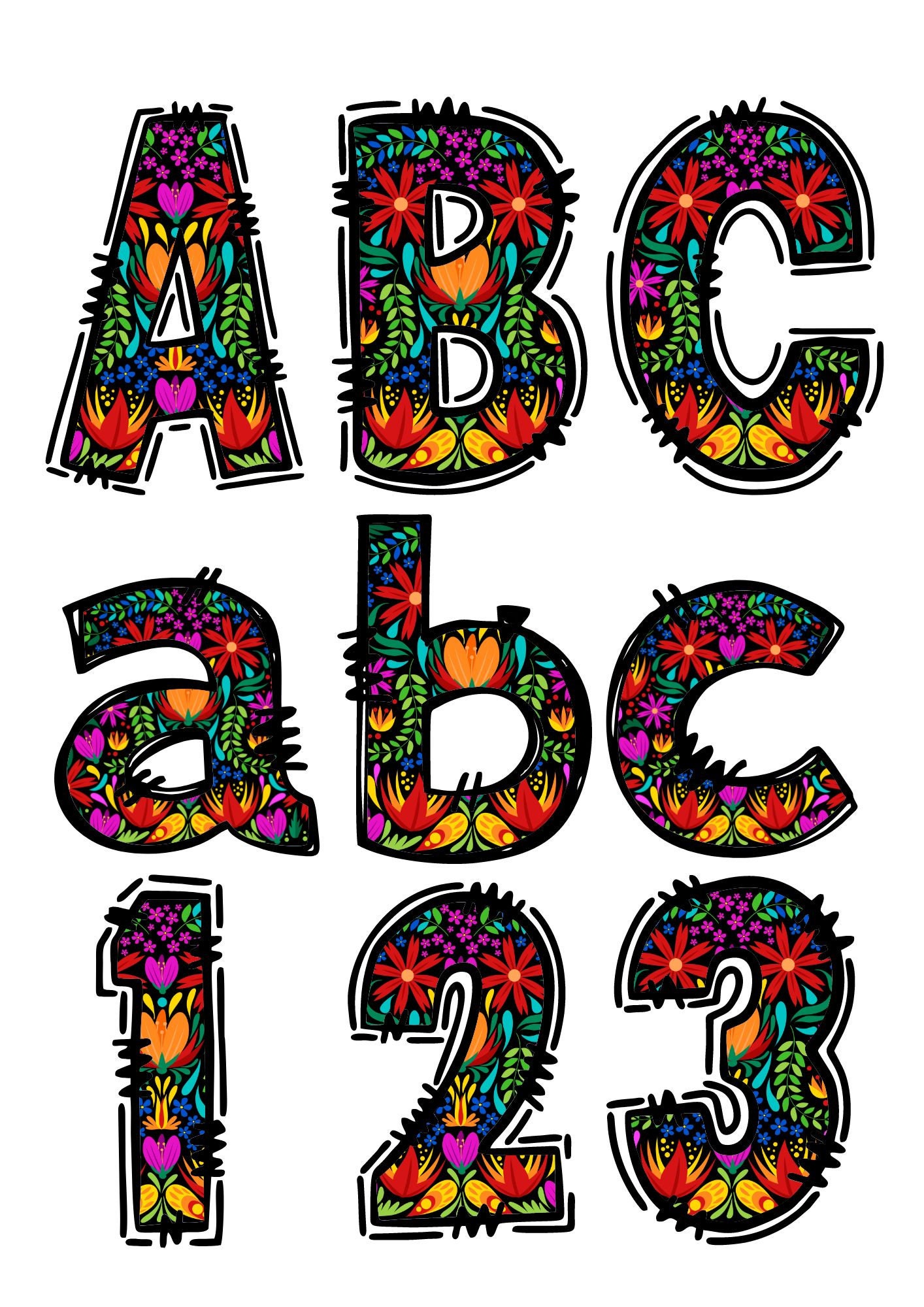 Doodle Letters - Alpha Plus Numbers Floral Mexican Ver 1 PNG ONLY - Etsy