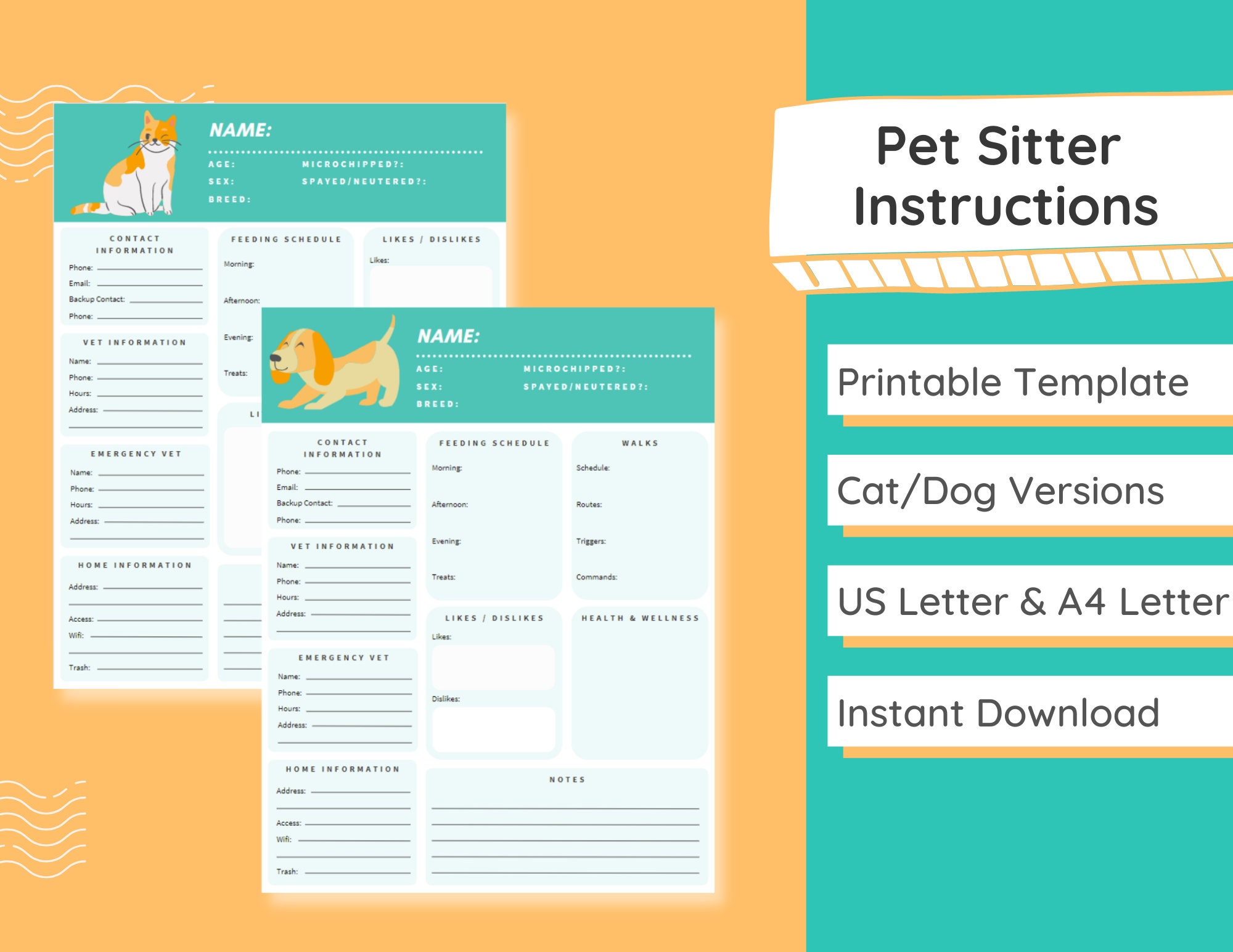 Pet Sitter Instructions Pet Sitter Notes Pet Sitter Checklist Dog Sitter Cat Sitter Pet Sitter