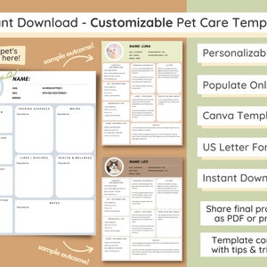 Puede incluir: Una plantilla de cuidado de mascotas personalizable en formato US Letter. La plantilla incluye secciones para información de contacto, horario de alimentación, paseos, gustos y disgustos, salud y bienestar, contacto de emergencia, información veterinaria, información del hogar y notas. La plantilla está disponible para descarga instantánea y se puede rellenar en línea utilizando Canva.