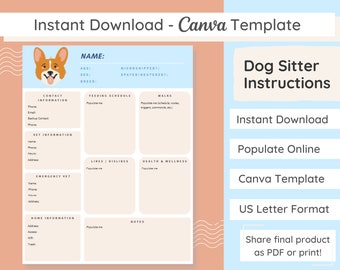 Dog Sitter Instructions Template | Pet Care, Canva (Digital Download)