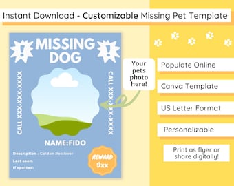 Customizable Missing Pet Poster Template | Digital Download | Edit Online | Edit Photo & Personal Info | Copy | Print