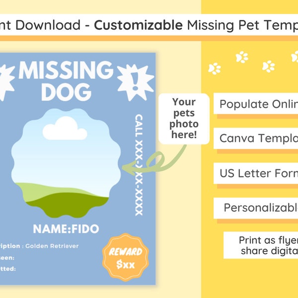 Anpassbare Missing Pet Poster Vorlage | Digitaler Download | Online bearbeiten | Foto & persönliche Info bearbeiten | Kopie | Druck