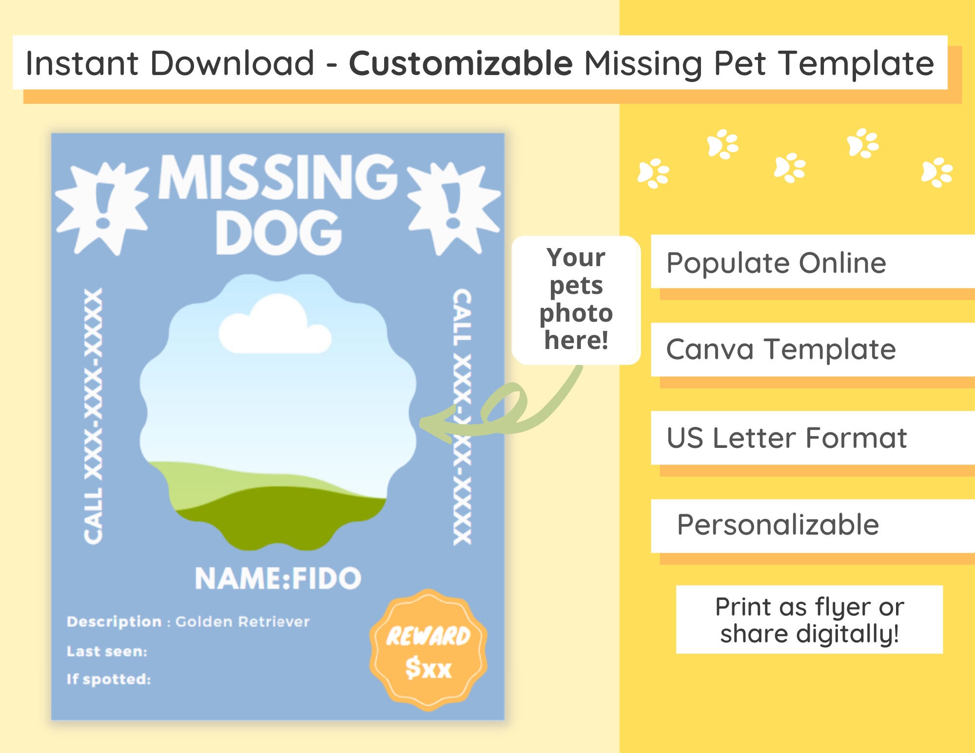 Customizable Missing Pet Poster Template | Digital Download | Edit ...