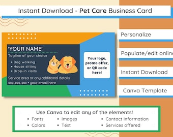 Pet Care Business Card Template | Editable Dog Walker, Sitter (Digital Download)