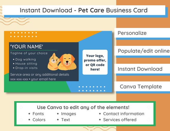 Pet Care Business Card Template | Dog Walker | Pet Sitter | Grooming or Training | Editable Business Card | Printable Business Card