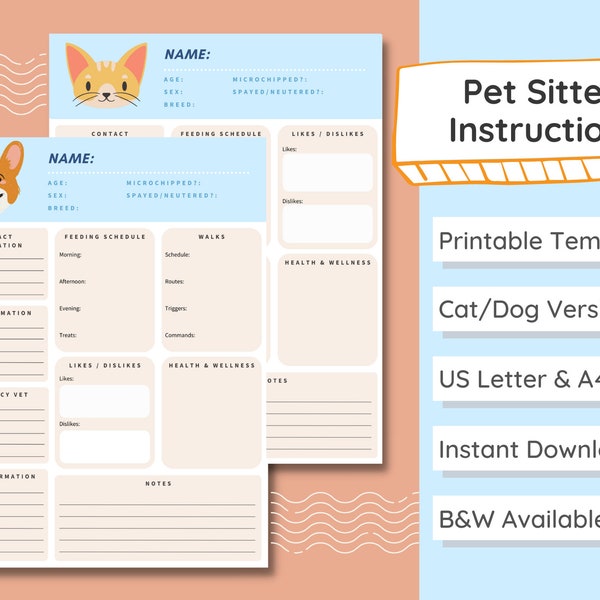 Pet Sitter Instructions | Pet Sitter Notes | Pet Sitter Checklist | Dog Sitter | Cat Sitter | Pet Sitter Printable | Pet Sitter Template PDF