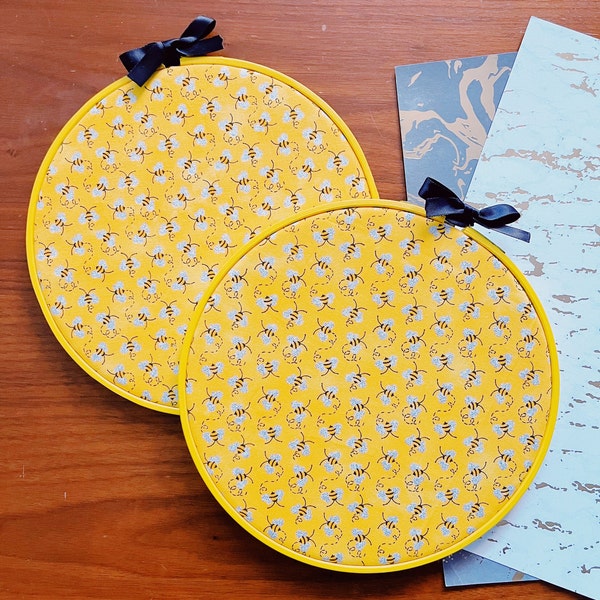 JUST BUZZIN | 8 inch yellow bees fabric hoop | pin display - pin board - enamel pin - pin collection - pin banner