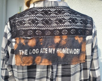 homework dog birthday Lace Accent Flannel Blouse with Funny Bleached Graphic The Dog Ate My Homework Student