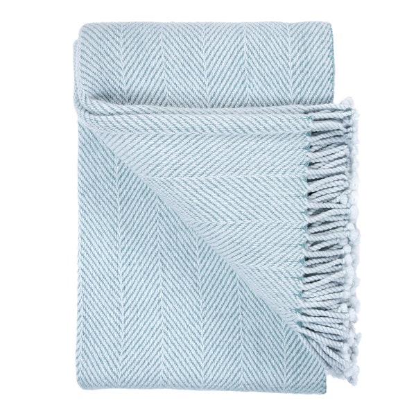 Soft Fine Merino Wool Throw Blanket | Large Merino Sofa Throw |  Movie Blanket I Blanket Luxury | Blue Herringbone Throw