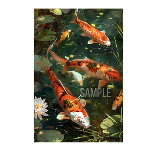 Nice 6 koi fish swimming on the pond with lotus oil painting on digital download wall art. Beautiful koi fish painting for home decor.