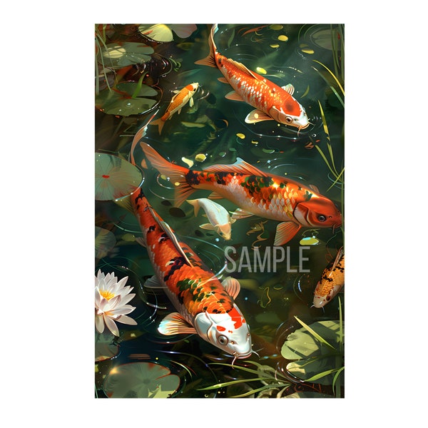 Nice 6 koi fish swimming on the pond with lotus oil painting on digital download wall art. Beautiful koi fish painting for home decor.