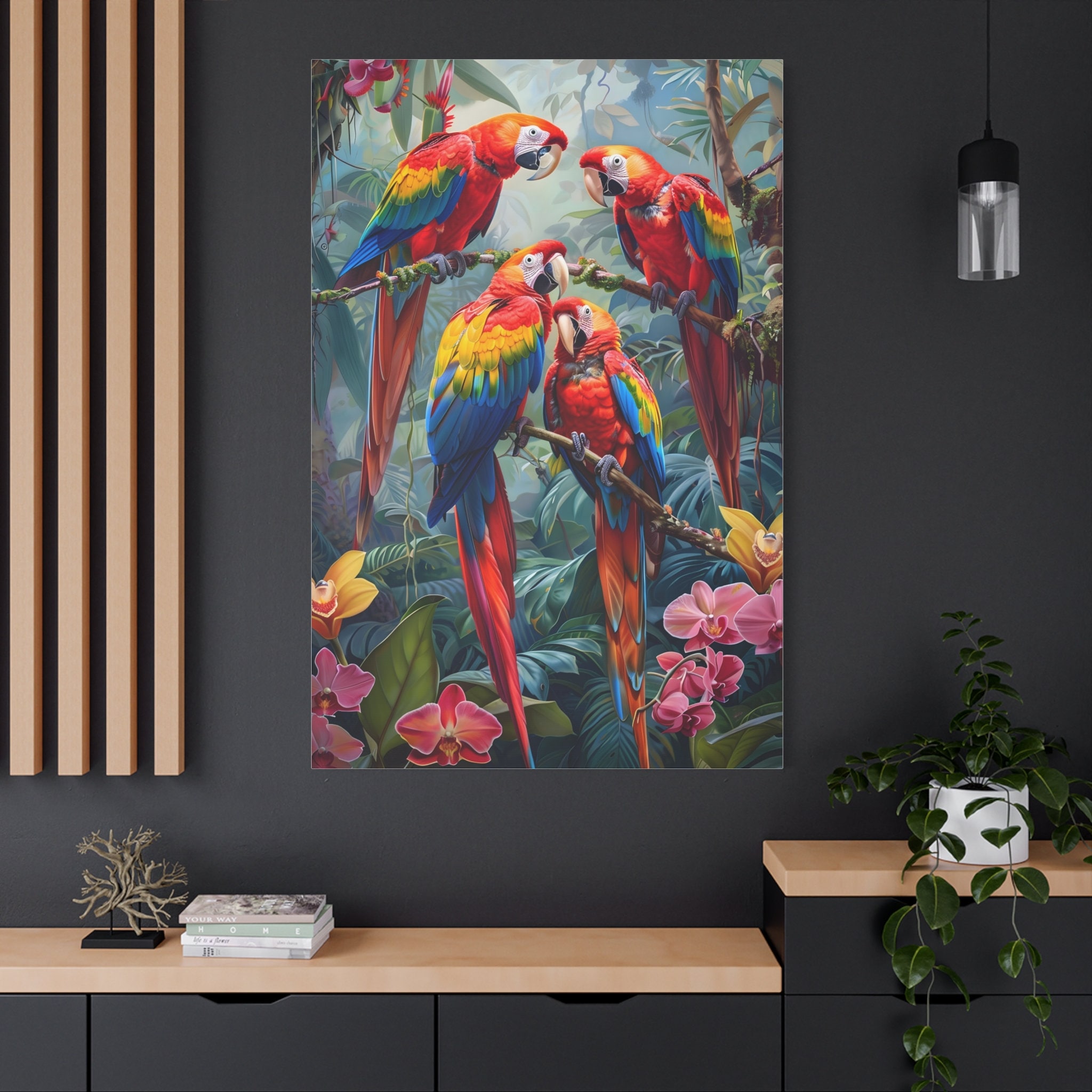 4 Red Parrots on the Tree Surrounded Flowers on the Tropical Forest of ...