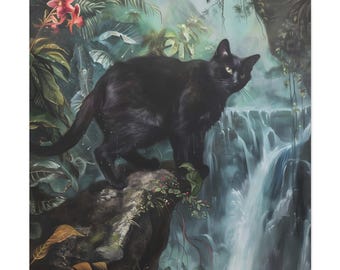 Impresionante vista de un gato negro en una cascada. Pintura al óleo sobre lienzo. Impresión artística. Decoración genial para el hogar, ideal como regalo para los amantes de las mascotas.