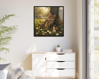 裏庭の花の上にいる母猫と 2 匹の子猫を描いた油絵。キャンバス