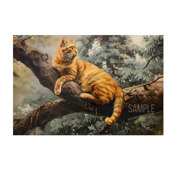 Beautiful Orange Cat Lying on the Big Branch of Tree Oil Painting