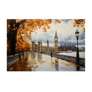 London Street, Big Ben And Big River On Autumn Oil Painting On Canvas Wall Art Print, British Cityscape Decor, Travel Lover Gift,