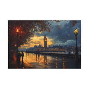 London Street and Big Ben with Sunset Oil Painting On Canvas Wall Art Print, Home Decor, Gift Idea, London Landmark