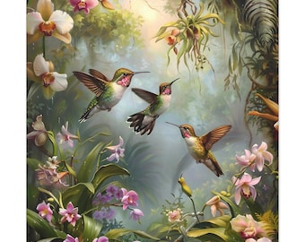 Rode nek kolibrie op orchidee bloementuin op bos olieverfschilderij kunst aan de muur print. Kolibrie Woondecoratie Cadeau voor vogelliefhebber