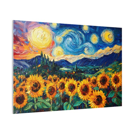 ひまわり畑と丘の風景、ゴッホ風の油絵、キャンバスウォール