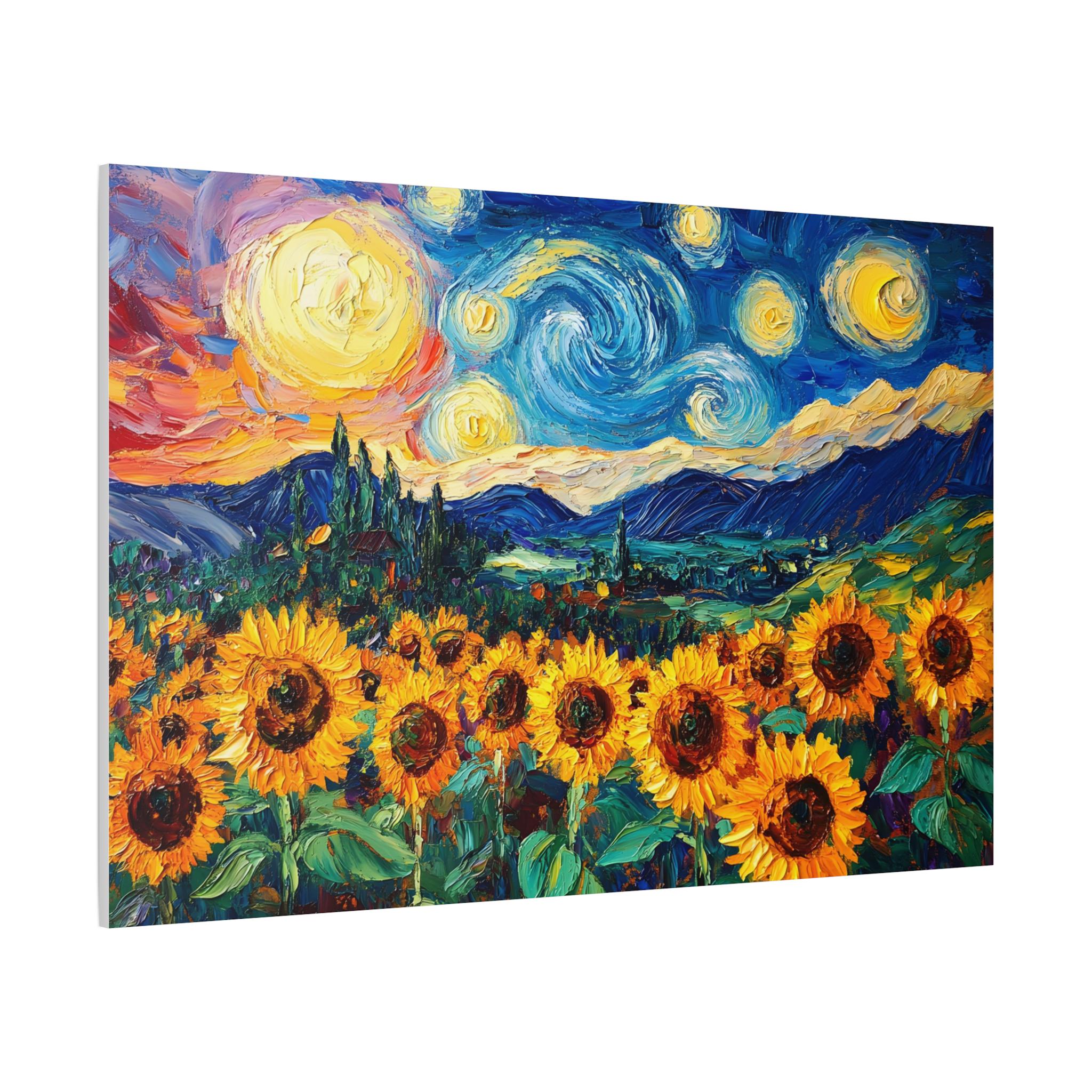ひまわり畑と丘の風景、ゴッホ風の油絵、キャンバスウォールアート