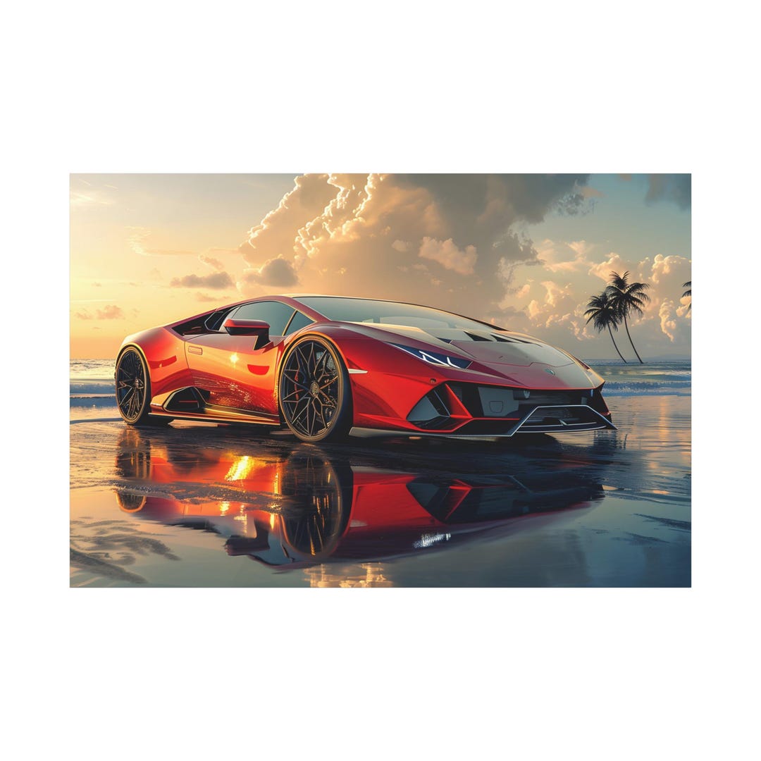 Cool Red Lamborghini Huracan Car on the Beach on Canvas Wall Art
