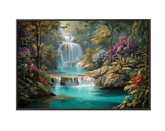 キャンバス絵画風景滝アート写真 20x40cm(8x16in)フレームレス 美しい熱帯の滝と花、油絵の壁アート、キャンバスプリント、自然