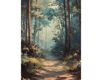Vintage Forest Day Oil Painting Poster, Canvas Wall Art Print, Matte Framed Home Decor, Nature Wall Hanging, Green Tree Landscape Picture,