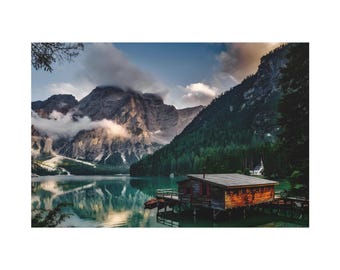 Lake On The Mountain And A Wooden House On Canvas Art Print. A Beautiful Landscape of Mountain For Home Wall Decor.