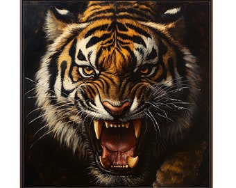 Roaring tiger on oil painting on canvas wall art print. Beautiful painting of cool tiger animal for home decor. Square style.