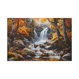 Nice waterfall on river on autumn forest landscape oil painting on canvas wall art print. Art of oil painting landscape of a deer on river.