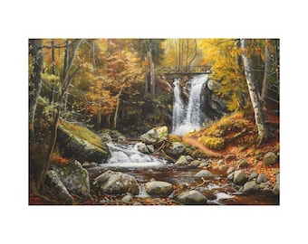 Autumn Waterfall Canvas. Amazing small river landscape oil painting for wall art print. Waterfall forest landscape poster for home decor.