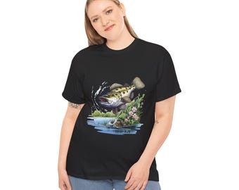Jumping Largemouth Bass Tee | Fishing Lake Illustration, Angler Shirt. Big Freshwater Fish tshirt, Big Bass Fish on the Air T-shirt.